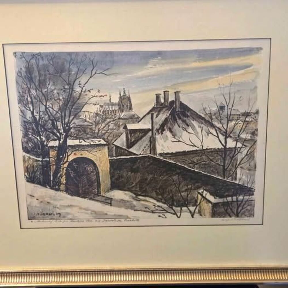 Lg Vtg Lithograph Prague Castle Novotného Bridge Josef D. Cerny 1979